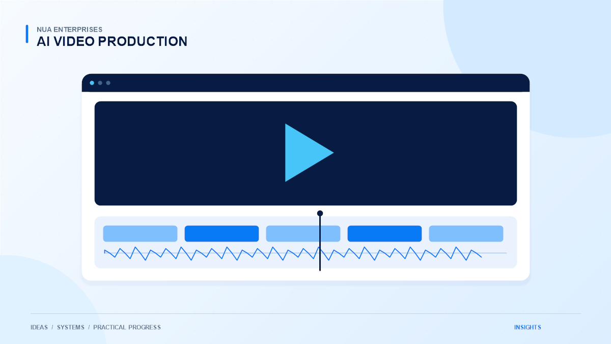 Original navy and blue illustration of a video editing timeline, playback frame, and AI-assisted production tools
