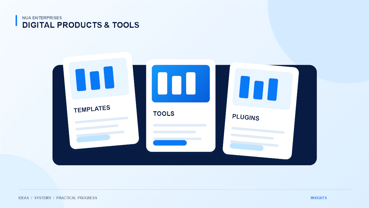 Original blue and navy illustration of a digital toolkit with templates, software modules, and a planning board