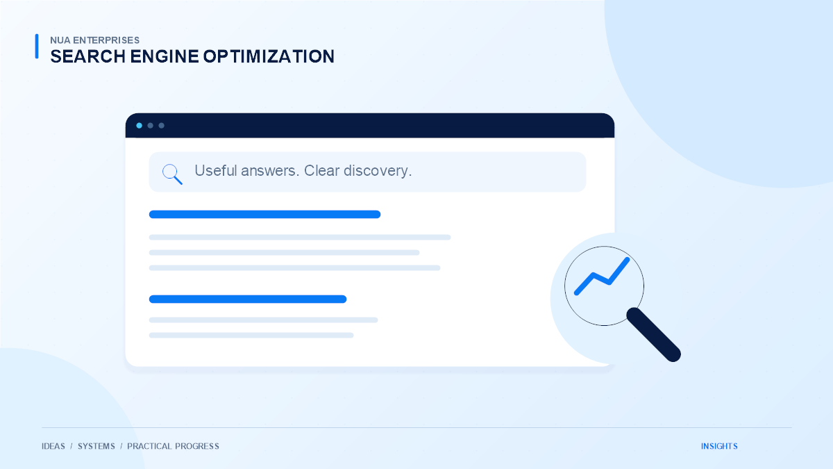 Original navy and blue illustration of a search result, website page, and visibility analysis chart